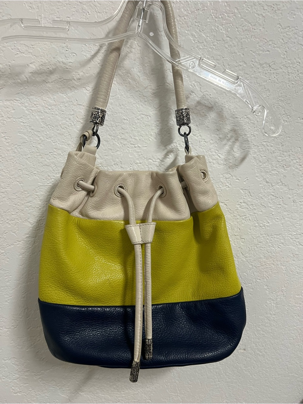 Brighton Colorblock soft Leather Drawstring Shoulder Bag in Cream, Lime & Navy